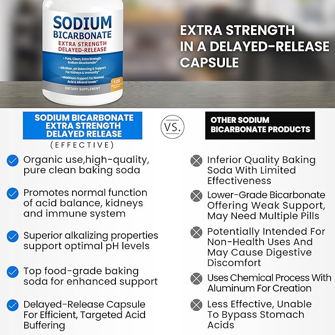 Sodium Bicarbonate Capsules Extra Strength 1300mg Organic Use Sodium Bicarbonate Tablets. Pure Bicarbonate of Soda Strongest Pill of Bicarbonato De Sodio para Tomar Available 120 Sodium Tablets