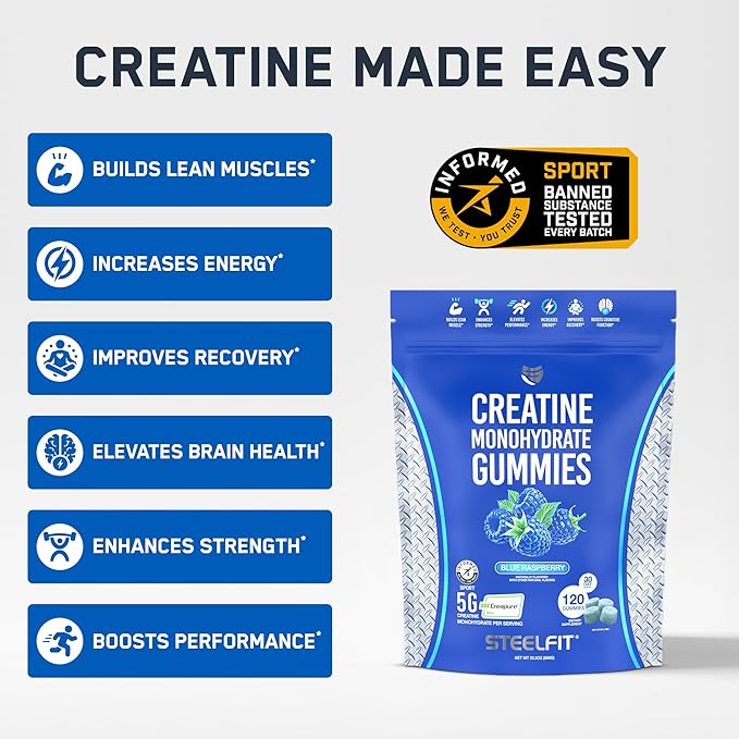 SteelFit Creapure Creatine Monohydrate Gummies for Men &amp Women Blue Raspberry - Gym Workout Nutritional Supplements for Muscle Gain Brain Health &amp Strength Building Dietary Supplement 120 G