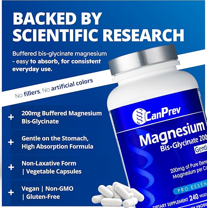 CanPrev Magnesium BisGlycinate Gentle 200mg 240 v-Caps 240-Day Supply - Pure Elemental Magnesium Supplement Supports Bone and Muscle Function Gentle on Stomach Perfect for Daily Magnesium Needs