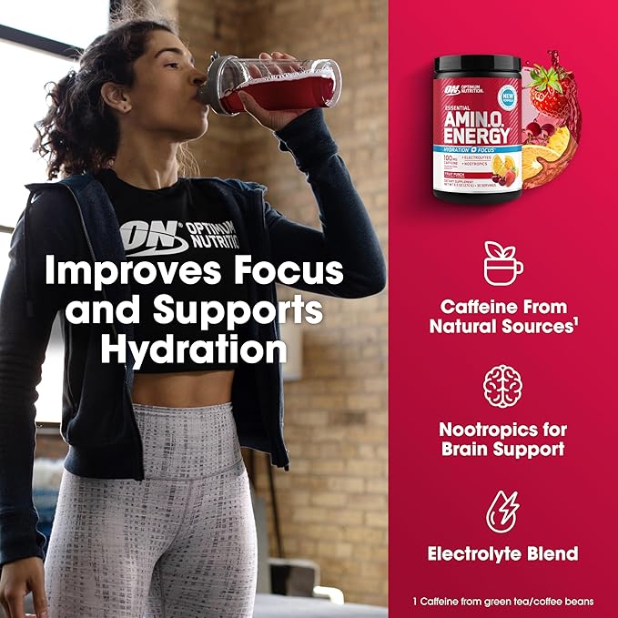 Optimum Nutrition Amino Energy Powder Plus Focus with BCAA Electrolytes and Caffeine Fruit Punch 30 Servings (Packaging May Vary)