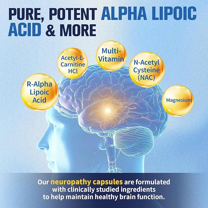 Nerve &amp Peripheral Neuropathy Support Supplement with 1200mg R-Alpha Lipoic Acid L-Carnitine Vitamin B12 B1 B6 D3 E Folate Lions Mane NAC Magnesium Turmeric - Liver Detox Antioxidant &amp Mental