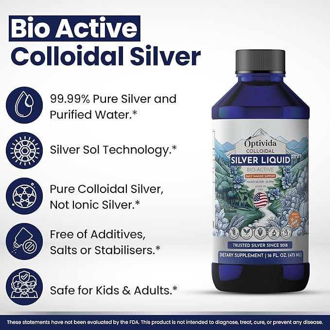 Optivida Colloidal Silver Liquid - 10 PPM Liquid Silver Immune Support Pure Nano Silver Hydrosol Liquid for Family Wellness - Natural Silver Water for Adults &amp Kids Non-GMO 3rd Party Tested - 1