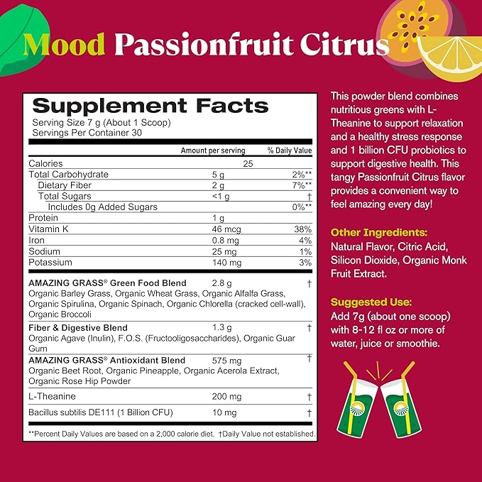 Amazing Grass Greens Blend Mood: Super Greens Powder Smoothie Mix for Mood Relaxation &amp Stress Support with Organic Spirulina Chlorella Beet Root Powder Digestive Enzymes &amp Probiotics 30