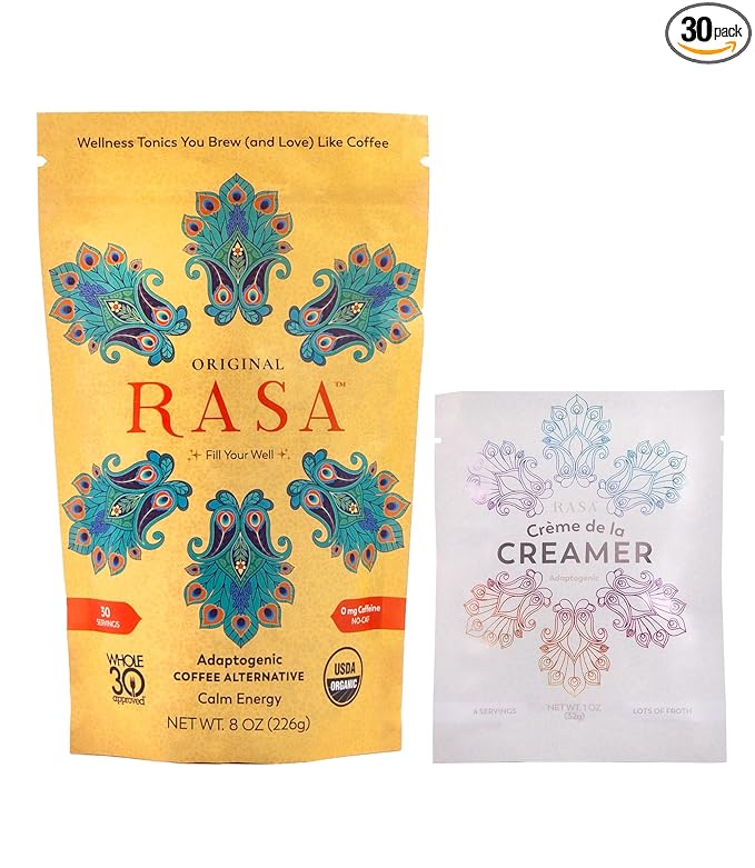 RASA Original Adaptogenic Coffee Alternative &amp Crème de la Creamer Bundle | Ayurveda Mushroom Wellness Tonic &amp Adaptogen Powdered Non-Dairy Creamer with MCT Oil — Vegan Whole 30 Keto (30 Ser