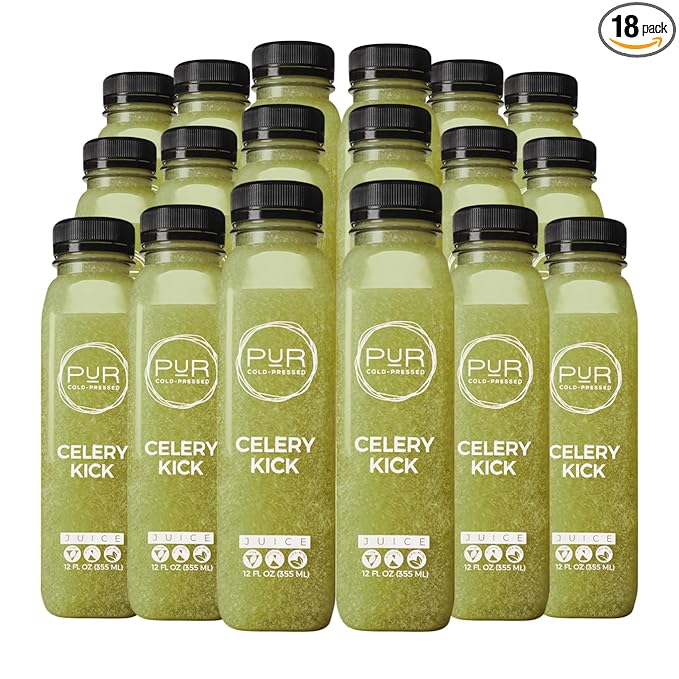 PUR Cold-Pressed Juice – Celery Kick 18 Pack – Celery Juice Lemon Ginger Cayenne and Himalayan Salt – Invigorating Drink Supports Wellness Digestion &amp Cleanse Days – Raw Pressed at Source