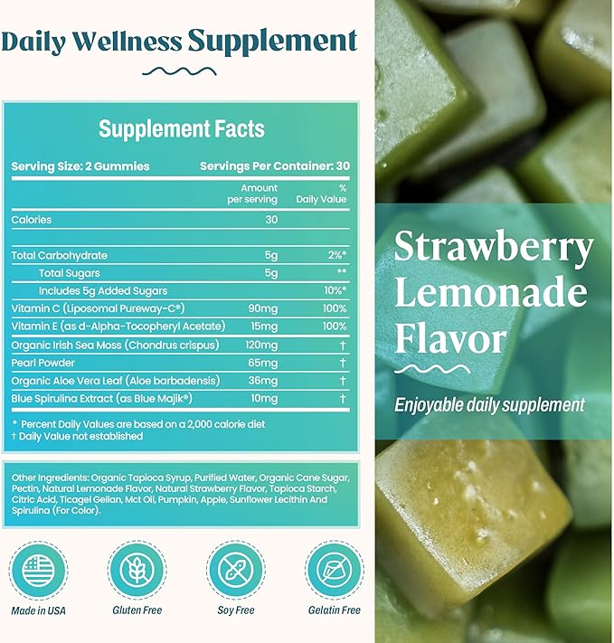 Akasha Superfoods Sea Moss Glow Gummies Hair Skin &amp Nails Vitamins with Seamoss Pearl Powder Vitamin E Aloe Vera Liposomal Vitamin C and Irish Sea Moss Gummies for Women &amp Men 60 Coun