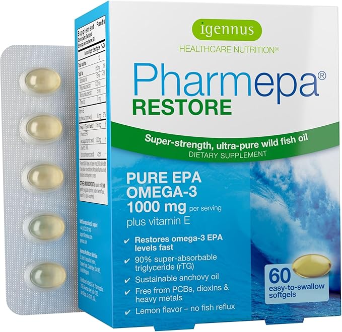 Igennus Pharmepa Restore Pure EPA 1000mg Omega 3 rTG Fish Oil IFOS Certified High Absorption 90% Concentration Triple Strength Wild &amp Sustainable Lemon Flavor 1-Month Supply 60 Softgels