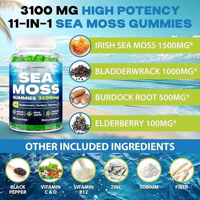 Sea Moss Gummies 3100mg Irish True Sea Moss Seamoss Gummies for Women &amp Men with Bladderwrack Burdock Root Elderberry Vitamin C and Zinc for Detox Cleanse Immune Skin Digestive Organic 120
