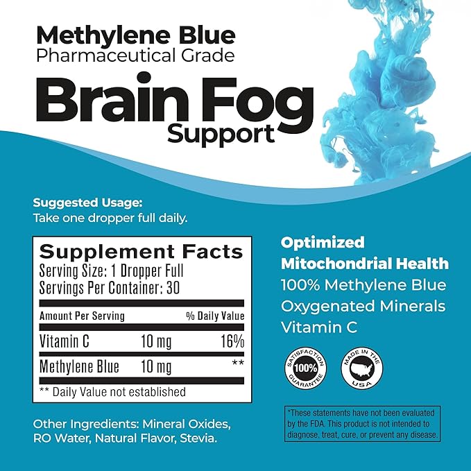 Methylene Blue Pharmaceutical Grade USP Grade Third-Party Tested with Vitamin C - Memory Booster - Improves Cognitive Function and Focus - Clear Thoughts and Reduced Fog - Liquid Supplement