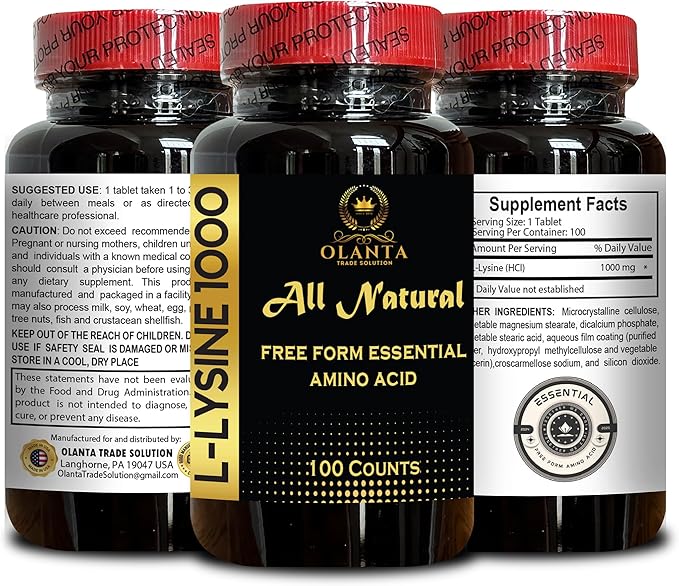 L-LYSINE 1000 mg Free Form Amino Acid Essential - Immune Support Supplement Promotes Calcium Absorption Supplements for Performance Muscle Growth &amp Recovery - 2 Bottles 200 Counts