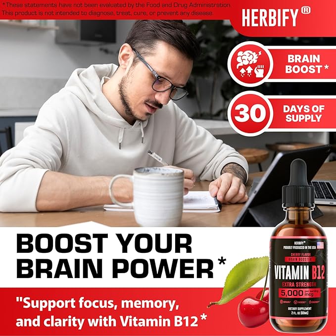 HERBIFY Vitamin B12 Methylated Multivitamin Energy Supplements for Women &amp Men - Liquid B12 Vitamins 5000 Mcg Methylcobalamin - Energy Support and Immune Health Liquid Vitamin - 30 Days Supply - 2