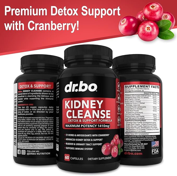 DR. BO Kidney Cleanse Detox &amp Activated Charcoal - Natural Cranberry &amp Uva Ursi Extract to Support Kidneys Bladder &amp Urinary Tract Health - Coconut Charcoal Pills for Stomach Gas &amp Bl