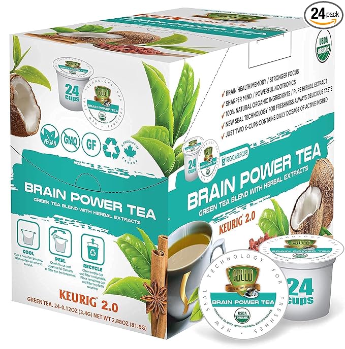 SOLLO Brain Power Organic Green Tea Pods with MCT Acai &amp Essential nutrition Nootropic Brain Booster- Improves Memory &amp Focus Compatible with 2.0 K-Cup Keurig Brewers 24 Ct