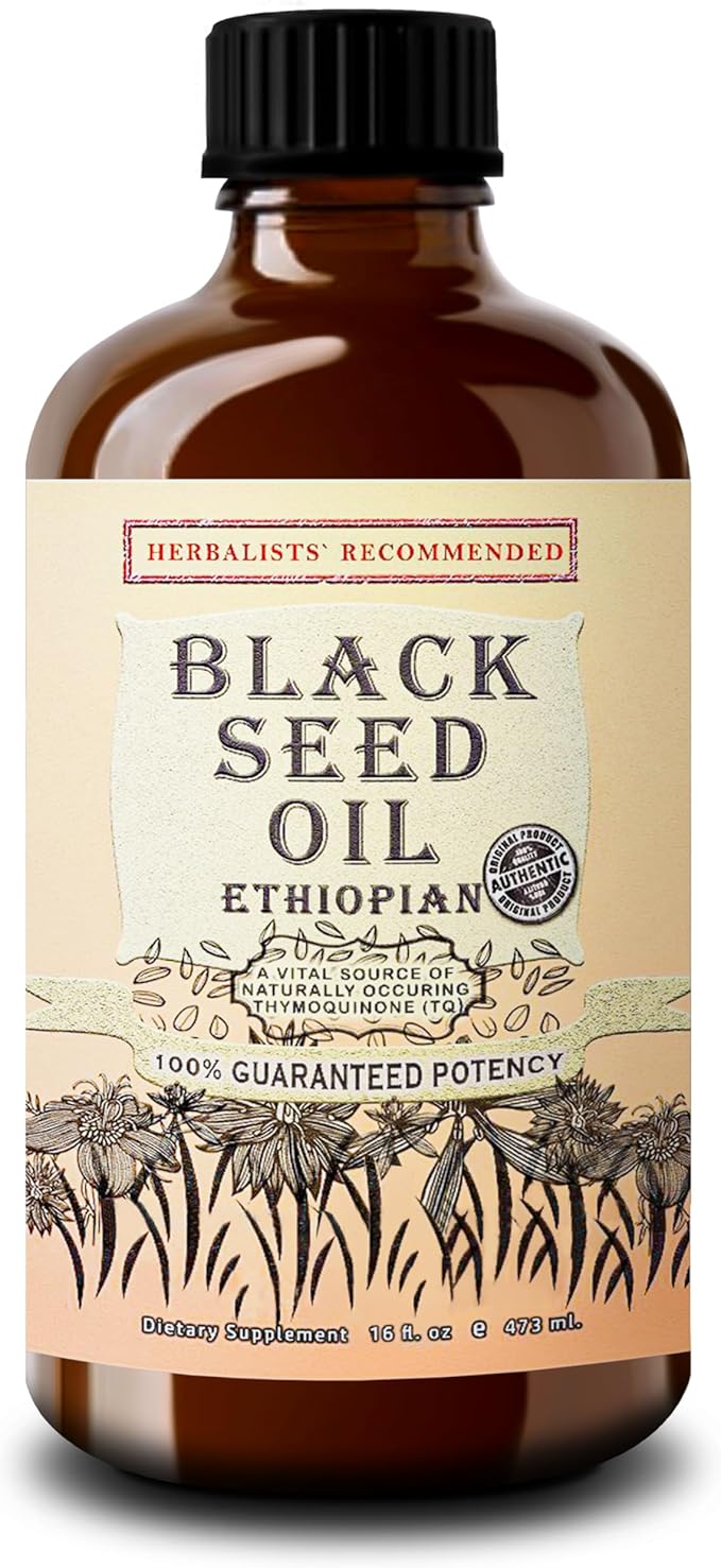 Ethiopian Black Seed Oil 16oz – Cold Pressed Nigella Sativa | High Thymoquinone 3.45% Black Cumin Seed Oil | 100% Pure Unrefined Liquid | Immune Skin Hair &amp Digestive Support | Large Glass Bottl