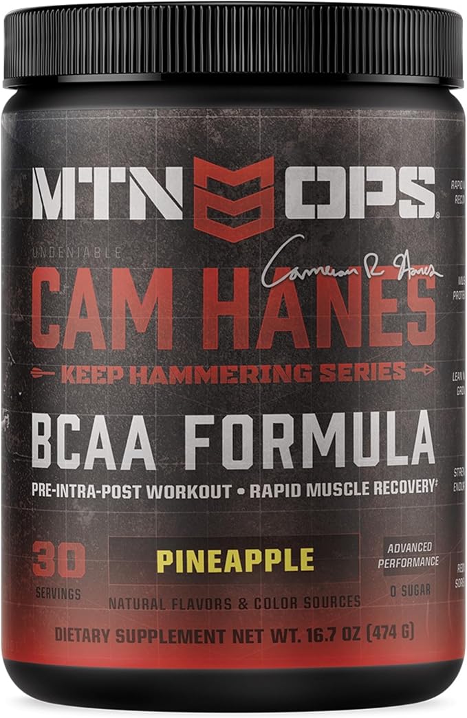MTN OPS BCAA Powder 2:1:1 Amino Acids Supplement Powder for Rapid Muscle Recovery &amp Repair with Zero Sugar &amp Gluten Free - 30-Servings Pineapple Cameron Hanes Keep Hammering Series