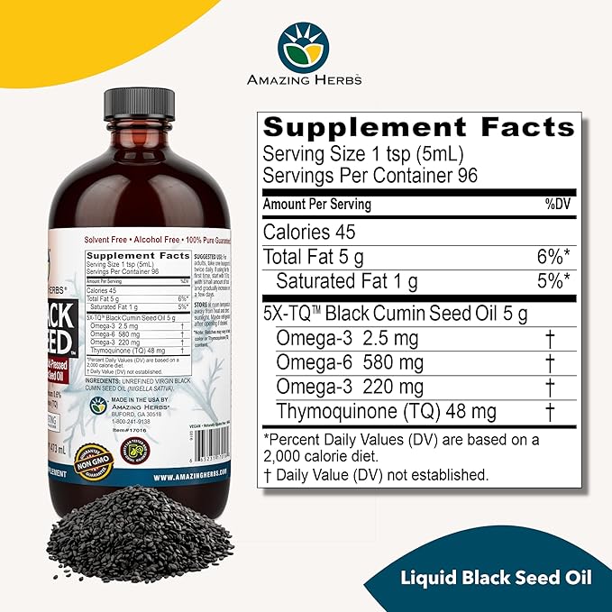 Amazing Herbs Egyptian Black Seed Oil - Gluten Free Non GMO Cold Pressed Nigella Sativa Aids in Digestive Health Immune Support Brain Function Mild Flavor - 16 Fl Oz