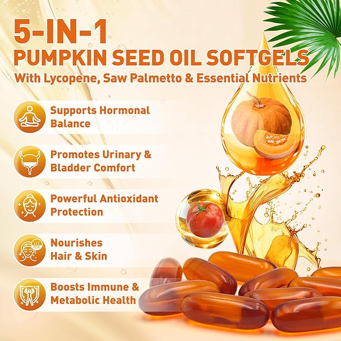 Pumpkin Seed Oil Complex 3000mg with Saw Palmetto Lycopene Zinc &amp Vitamin E – GMP Compliant Cold-Pressed Non-GMO 300 Softgels Daily Wellness &amp Antioxidant Support