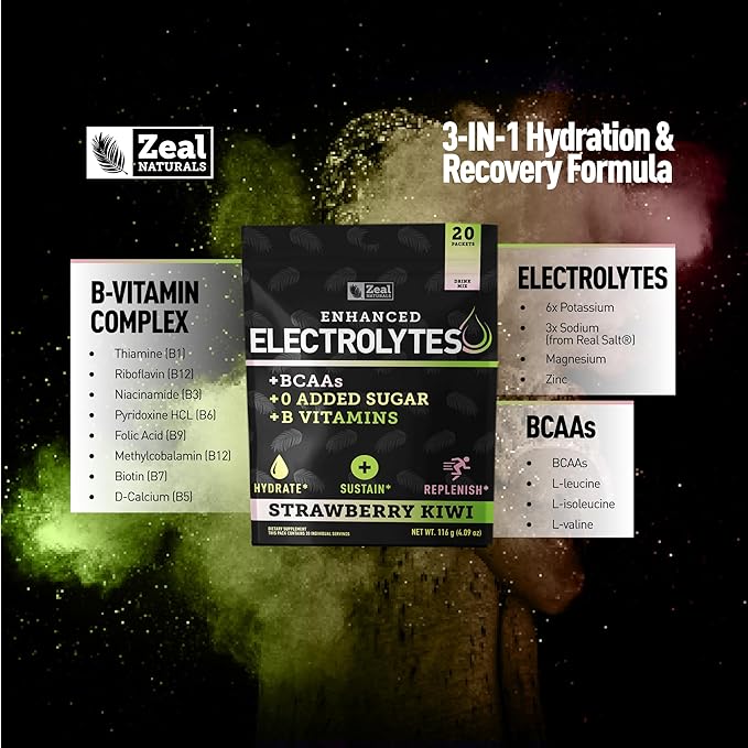 Enhanced Electrolyte Powder Stick Packs (Strawberry Kiwi | 20 Packets) w/ 0 Sugar +BCAAs +B-Vitamins Electrolyte Supplement w Potassium Zinc &amp Magnesium for Hydration - Keto Electrolytes