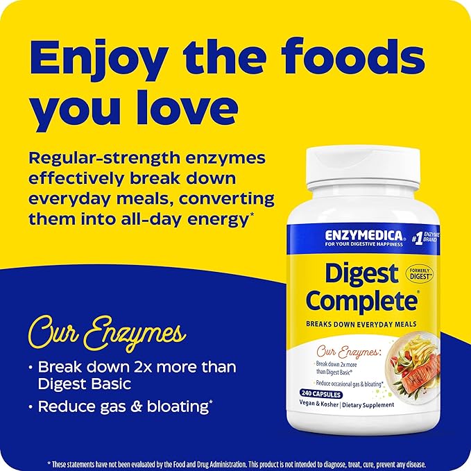Enzymedica Digest Complete Full-Range Digestive Enzymes for Daily Gut Health Fast-Acting Relief from Gas Bloating &amp Indigestion 240 Count
