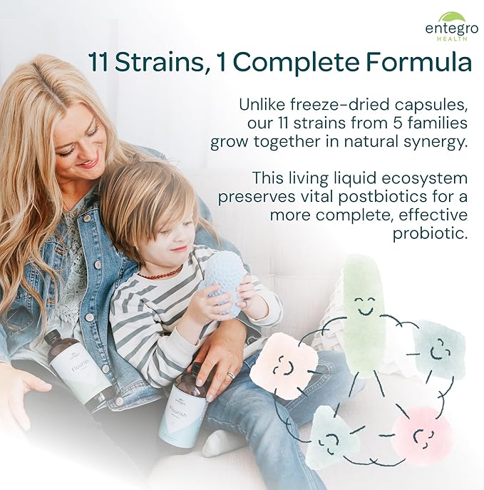 ENTEGRO Flourish Junior Liquid Probiotic &amp Postbiotic Supplement - Glass | 11 Live Cultures | Gut &amp Digestive Health for Women Men &amp Kids | Organic Vegan Allergen Free | USA Made | 16 f
