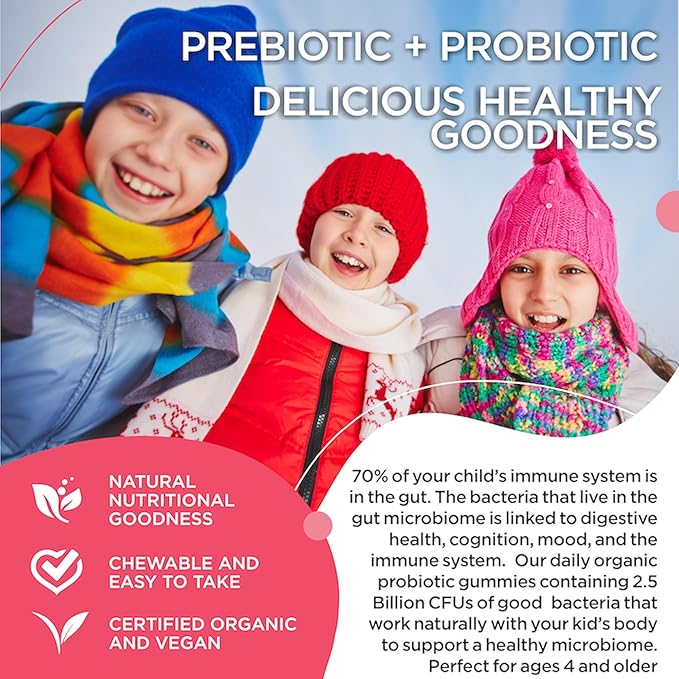 RUWAA NUTRITION Kids Organic Probiotic Gummies for Digestive Health Immune Support Constipation Bloating. 2.5 Billion CFU Strawberry Flavor Chewable Probiotics for Children Ages 4+ 30ct (1)