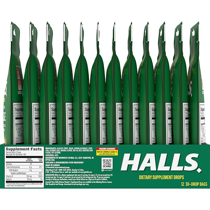 HALLS Defense Assorted Citrus Vitamin C Drops Dietary Supplement Drops 12 Bags of 30 Drops (360 Total Drops)