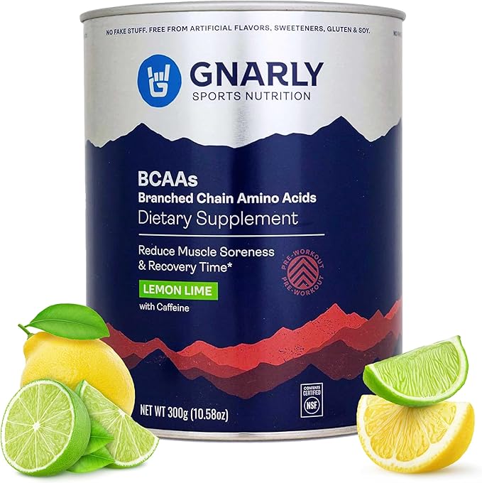 Gnarly Nutrition BCAA Powder Lemon Lime – Pre-workout BCAAS Amino Acids – NSF Contents Certified – Supplement to Support and Rebuild Muscle – Lemon Lime with Caffeine 10.58 oz