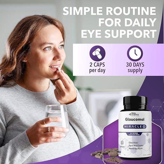 Real Science Glaucomol Miracle - Natural Eye Vitamins &amp Eye Supplements for Optic Nerve &amp Ocular Circulation Support – with Vitamins C D &amp B12 for Vision Clarity &amp Eye Comfort – Made