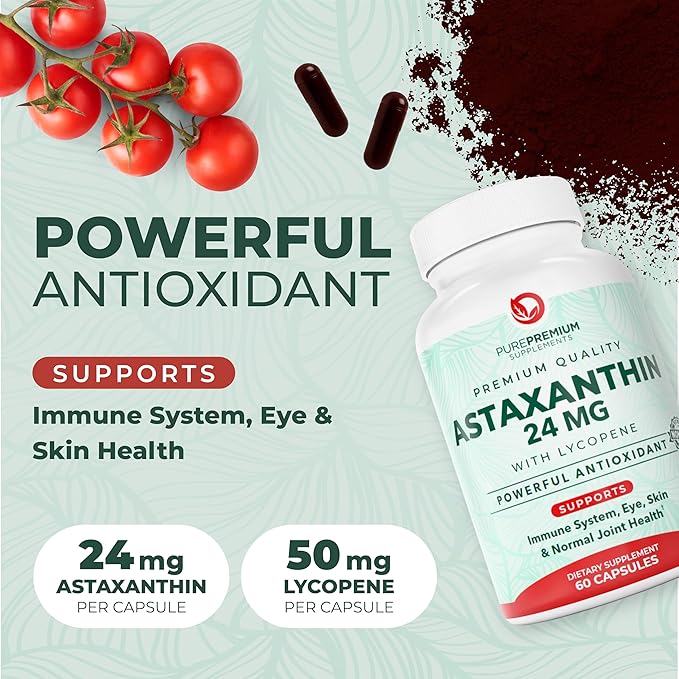 PurePremium Astaxanthin Supplements - Astaxanthin 24mg with Lycopene 50mg Antioxidants Supplement for Skin &amp Eye Health &amp Immune System Support – Non-GMO - 60 Count 2 Month Supply