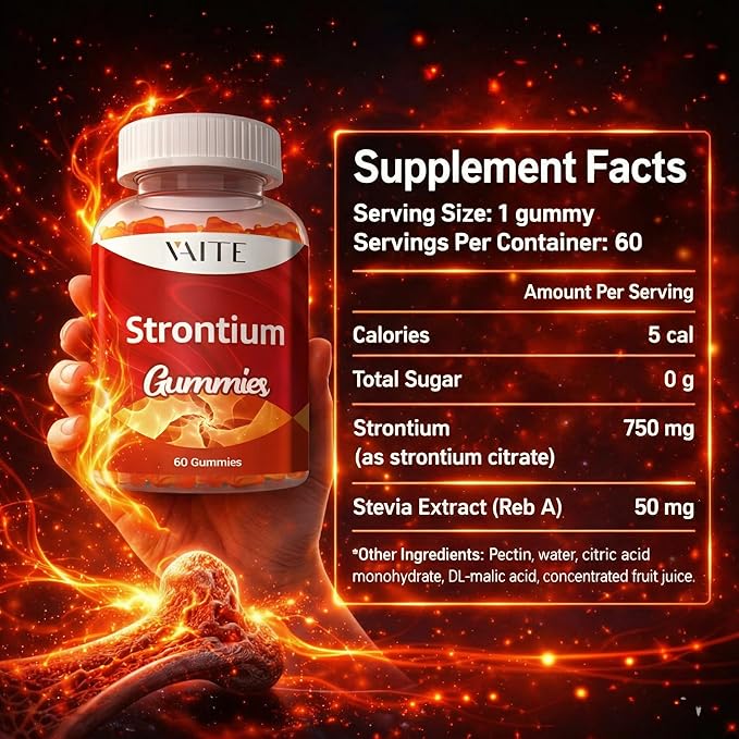 Strontium Citrate 750mg Supplement – Enhances Bone Density Strength and Health for Men and Women 60 Vegan Non-GMO Sugar-Free Gummies Provide an Easy Way to Promote Long-Term Bone Wellness