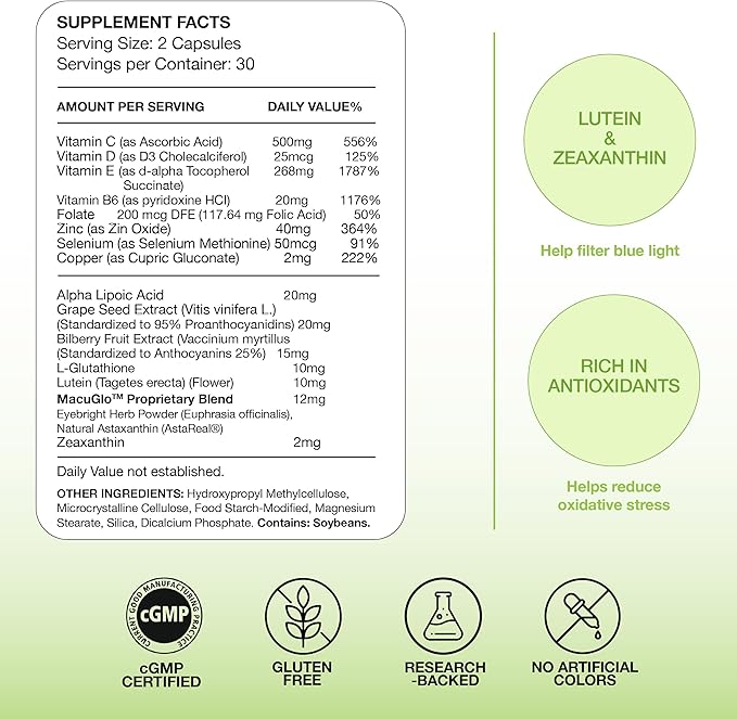 EyeScience – Macular Health Formula – Capsules – Complete Nutritional Supplement for Eye Health - Contains Lutein Zeaxanthin Vitamin C D E &amp B6 (120 Count)