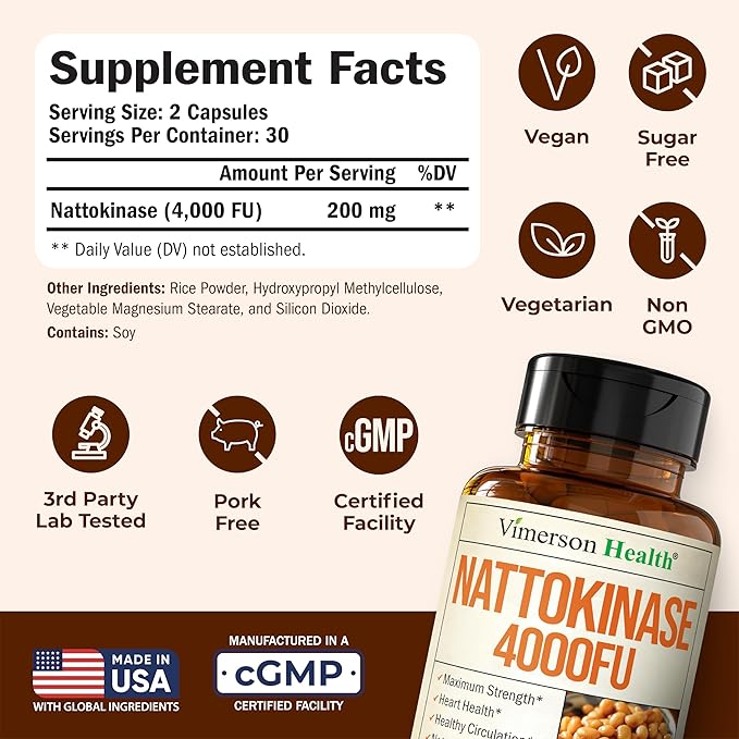 Nattokinase Supplement - Heart Health Supplements with Nattokinase 4000 FU - Max Strength Circulation Supplements - Systemic Enzymes for Healthy Circulation &amp Smooth Flow. Non-GMO &amp Vegan. 60