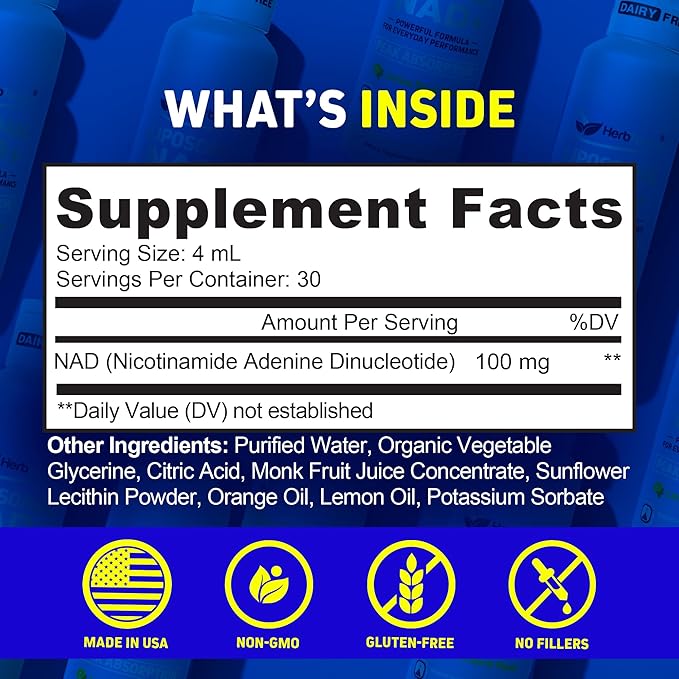 Herbtonics Liposomal NAD+ for Cellular Energy | Supports Healthy Aging Focus &amp Metabolism | Liposomal Delivery - Designed for Superior Absorption | 120ML Vegan Liquid Supplement (1 Month Supply)