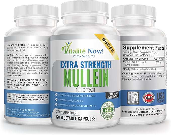 Extra Strength Mullein Capsules 10:1 Extract Respiratory &amp Immune Health Lung Cleanse 100% Pure Whole Herb Gluten Free Non-GMO 120 Count 4 Month Supply Made in the USA