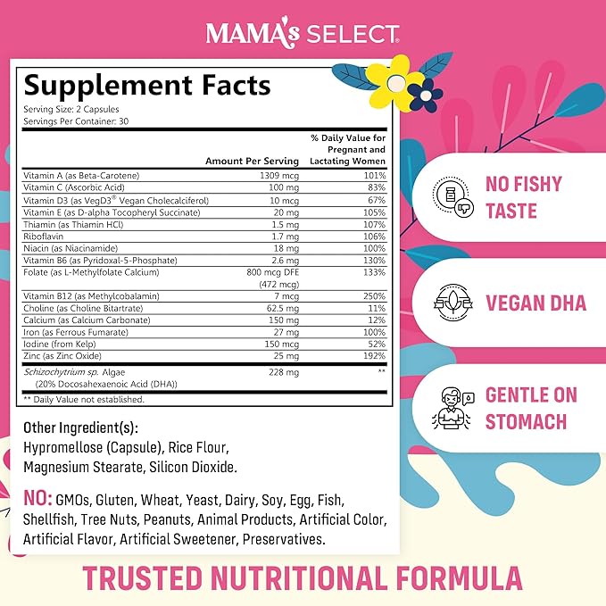 Mama's Select Prenatal Vitamins with Vegan DHA – Fish-Free No Fish Burps Allergen-Free MTHFR Support Methylated Folate &amp B Vitamins Digestive-Friendly No Biotin
