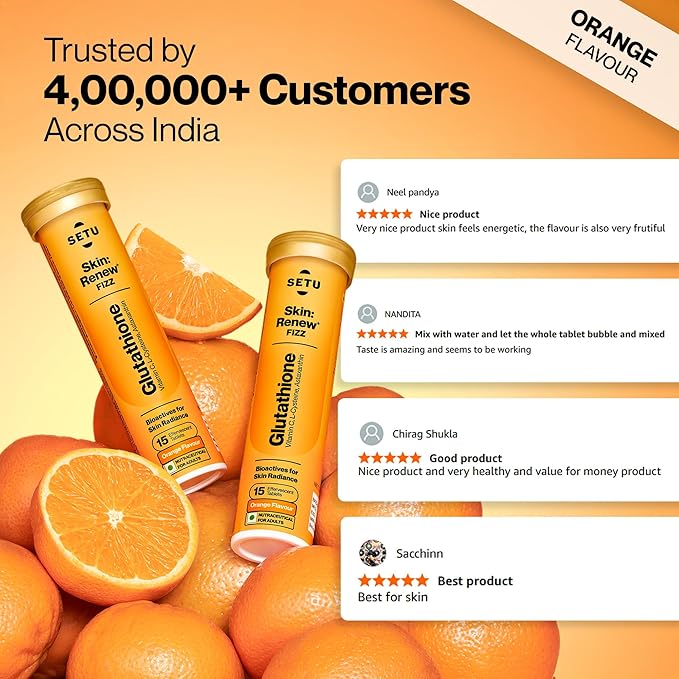 SETU Glutathione Effervescent Tablets with 500mg L-Glutathione &amp Vitamin C | Sugar-Free Antioxidant Supplement | Orange (Pack of 6)