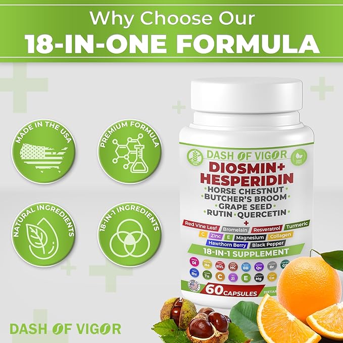 Dash of Vigor 18-in-1 Diosmin Hesperidin Supplement Quercetin with Bromelain Zinc Vitamin C with Rutin Supplement Horse Chestnut Extract Butcher's Broom Extract USA 60 Capsules