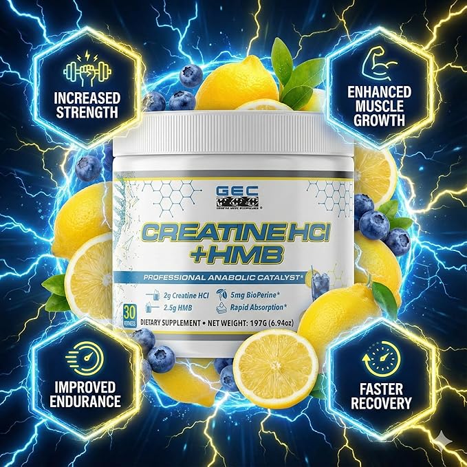 Creatine HCl + HMB for Athletes – Performance &amp Recovery Formula – 2g Creatine HCl 2.5g HMB – Fast Absorption No Bloat No Loading – 30 Servings – GEC (Standard Blue Lemonade)