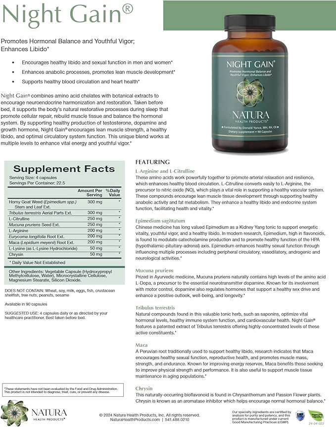 Night Gain® – Advanced Vitality &amp Circulation Support | Promotes Stamina Hormonal Balance and Endurance with Maca L-Citrulline and Tongkat Ali – 90 Capsules