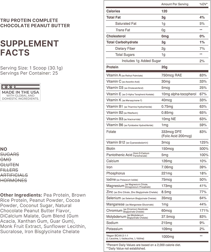 TRU Supplements Plant Based Protein Powder BCAA EAA 20g Vegan Brown Rice &amp Pea Protein 100 Calories 27 Vitamins No Artificial Flavors 25 Servings (Chocolate Peanut Butter)