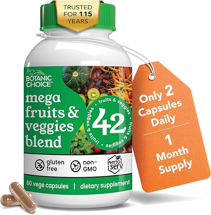 Botanic Choice Since 1910 - Mega Fruits &amp Veggies Blend - 42 Fruits and Vegetables - 2 Caps Daily - 60 Count Supplement