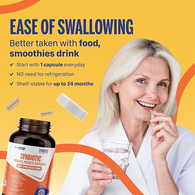 Syndigest probiotic daily care for women &amp men with dual benefit of 5 probiotic &amp prebiotic strains balance gut health &amp relieves constipation travel friendly 60 capsules (2 billions CF