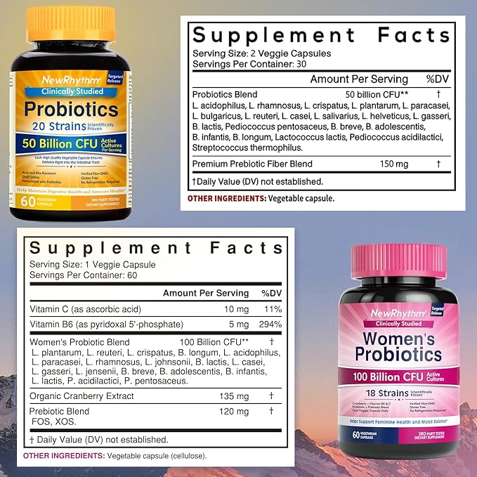 NewRhythm Gut Balance Bundle Probiotics 50 Billion CFU &amp Women’s Probiotics (100B CFU) Daily Gut Health Support Complete Feminine Care 120 Capsules Total (Pack of 2)