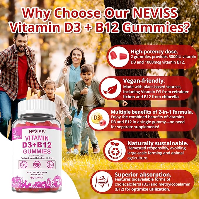 NEVISS 2Pack Vegan Vitamin D3 + Vitamin B12 Gummies High Potency D3 5000IU &amp 1000 mcg Methylated B12 Vitamin D3 and B12 for Adults Support Bone Health Immune &amp Energy Supplement 120 Count