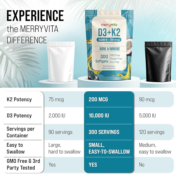 MERRY VITA Vitamin D3 K2 300 Softgels – 10000 IU &amp 200 MCG K2 MK7 – Plant-Based Vegan Non-GMO Gluten-Free – Coconut Oil – Immune Bone &amp Muscle Support – D3 con K2 vitamina Supplement