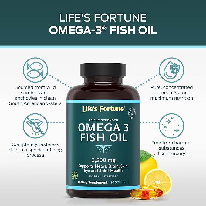 Life's Fortune Fish Oil Omega 3 Concentrate Supplement 2500 mg 120 Softgels High Potency EPA &amp DHA Fatty Acid - Heart Brain Skin Joints - Non GMO
