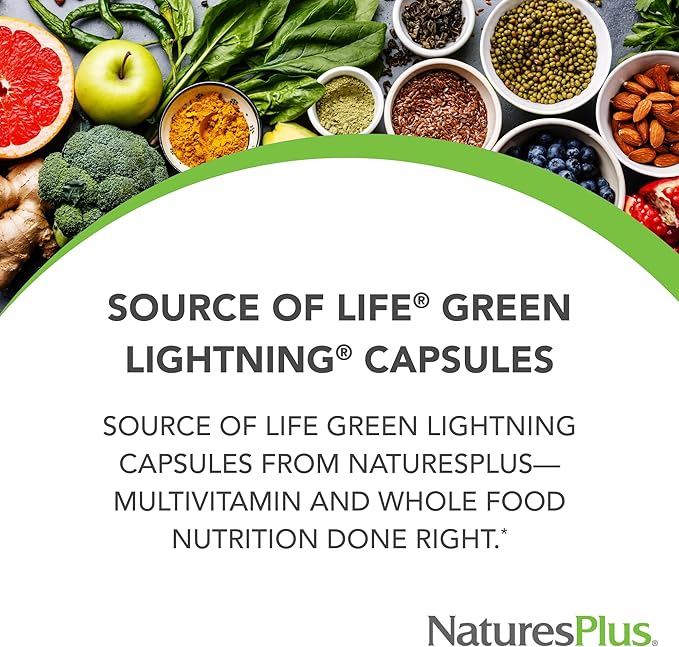 NaturesPlus Source of Life Green Lightning - 180 Capsules - All-Natural High-Energy Whole-Food Supplement - Green Superfoods &amp Digestive Enzymes - Gluten Free Vegetarian - 45 Servings