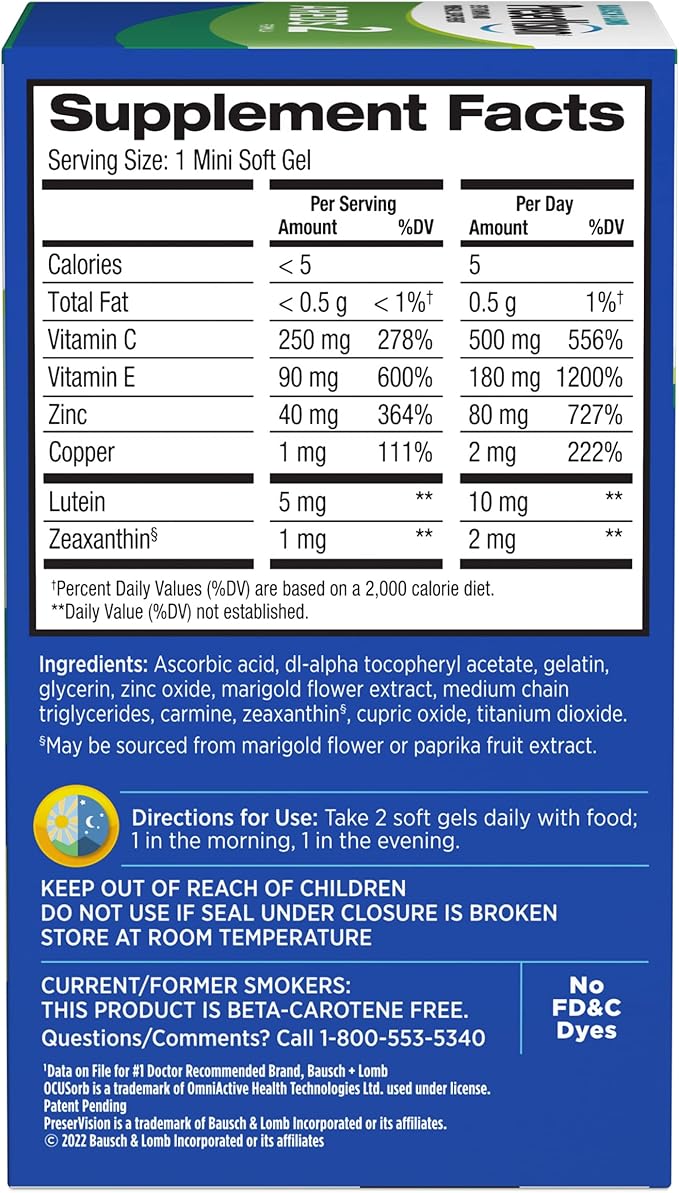 Bausch + Lomb PreserVision AREDS 2 Eye Vitamin &amp Mineral Supplement with OCUSorb with Lutein &amp Zeaxanthin–from 120 Soft Gels (MiniGels) (Pack of 2)