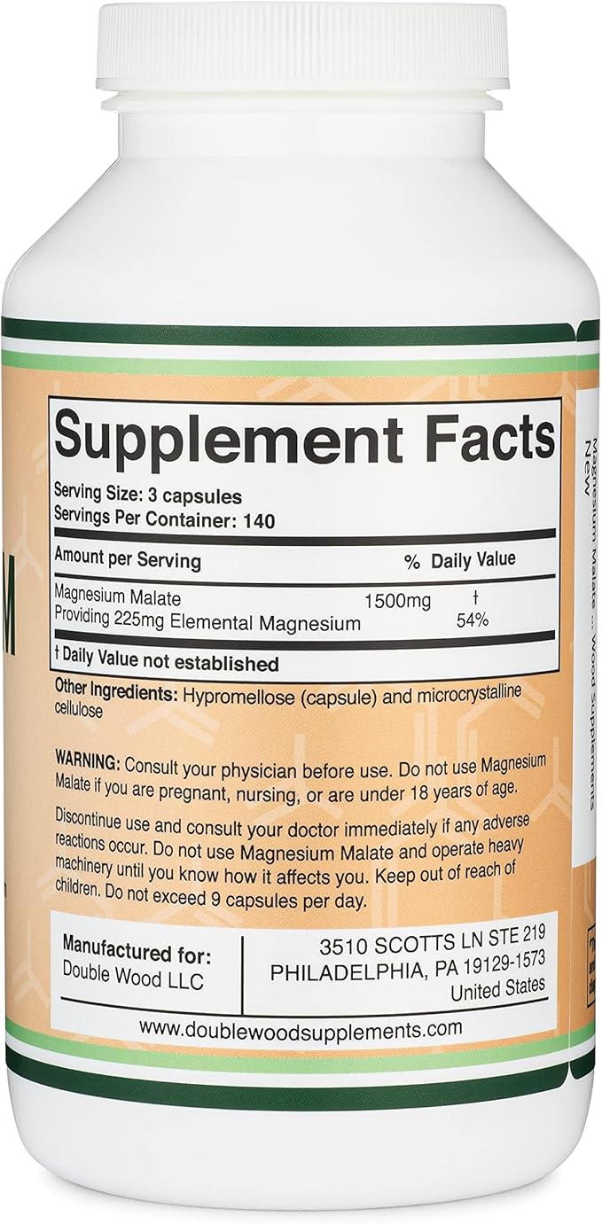 Magnesium Malate Capsules (420 Count) - 1500mg Per Serving (Magnesium Bonded to Malic Acid) Third Party Tested Vegan Friendly Gluten Free by Double Wood Supplements