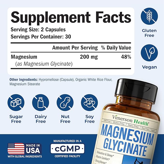 Vimerson Health Magnesium Glycinate 200 mg for Sleep &amp Relaxation – Calm Mind &amp Stress Support – Gentle on Stomach Bioavailable Form – 60 Vegan Capsules
